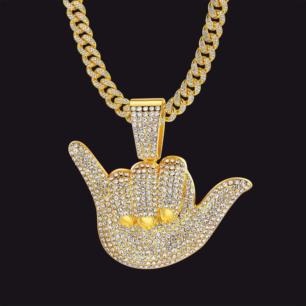 Full Diamond 666 Hand Pendant with Cuban Chain Necklace for Men