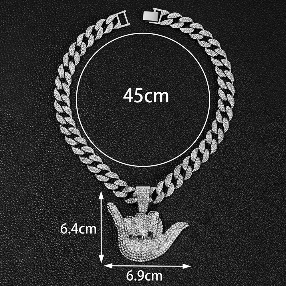 Full Diamond 666 Hand Pendant with Cuban Chain Necklace for Men