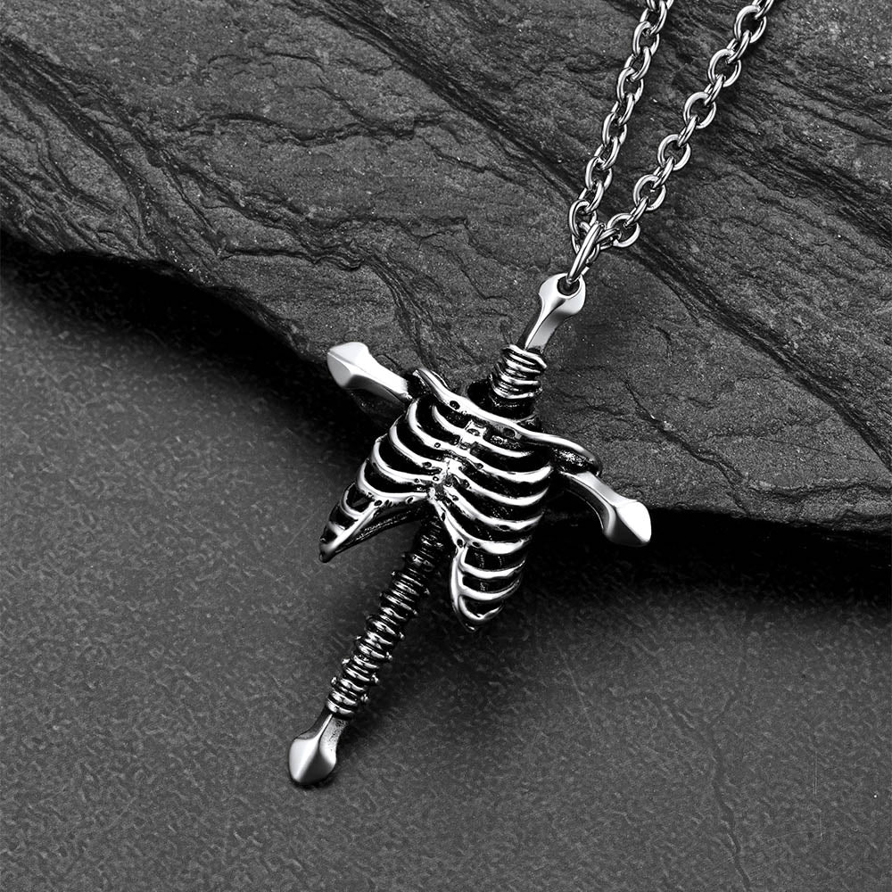 Gothic Jesus Skeleton Cross Pendant Necklace for Men