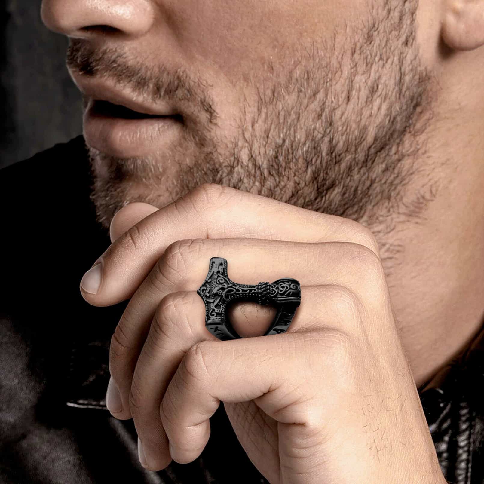 Viking Mjolnir Thor's Hammer Ring with Rune for Men