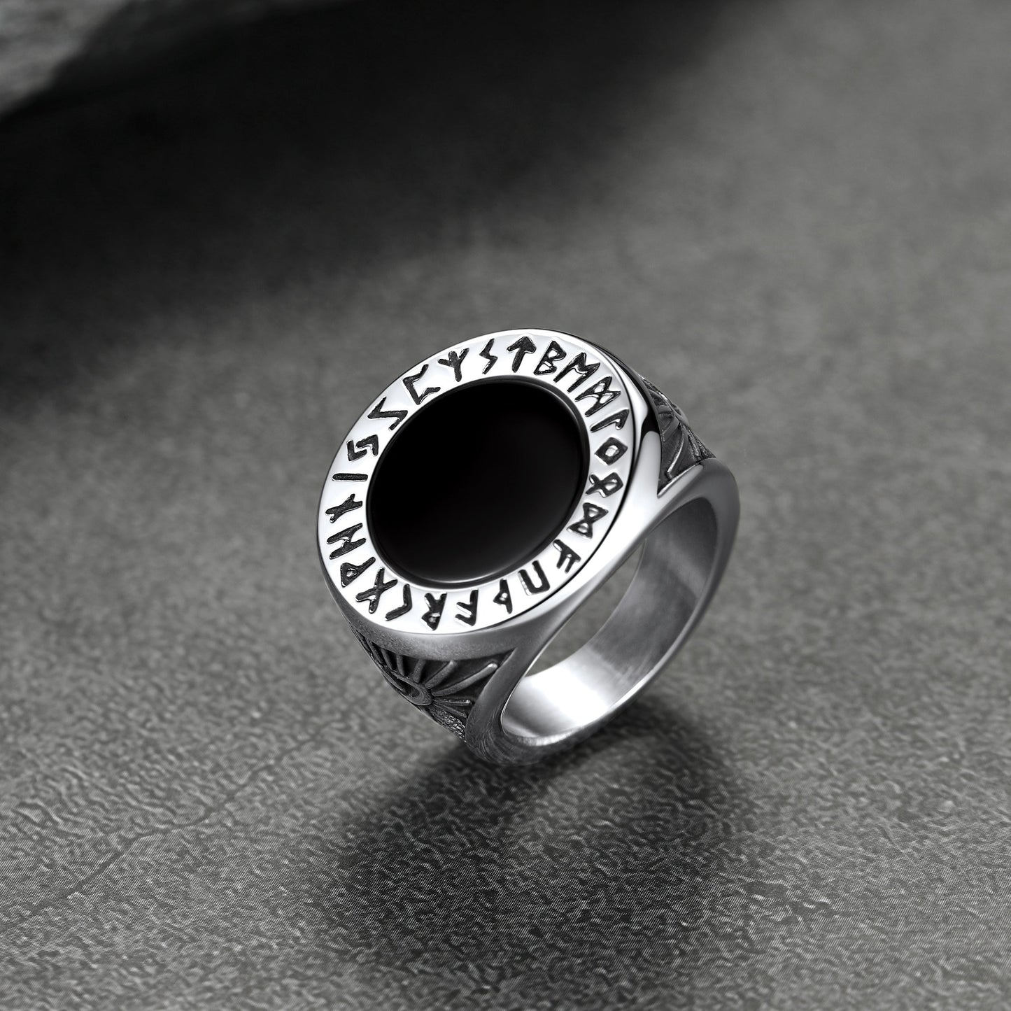 Black Onyx Signet Ring with Viking Runes for Men