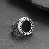 Black Onyx Signet Ring with Viking Runes for Men