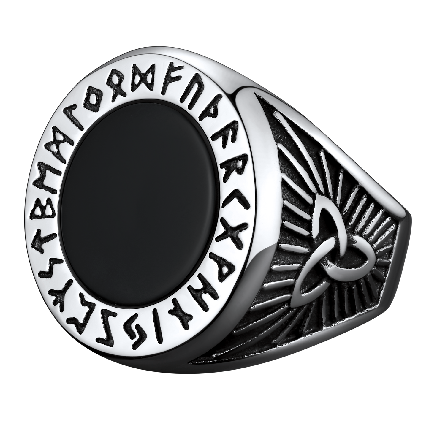Black Onyx Signet Ring with Viking Runes for Men