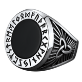 Black Onyx Signet Ring with Viking Runes for Men
