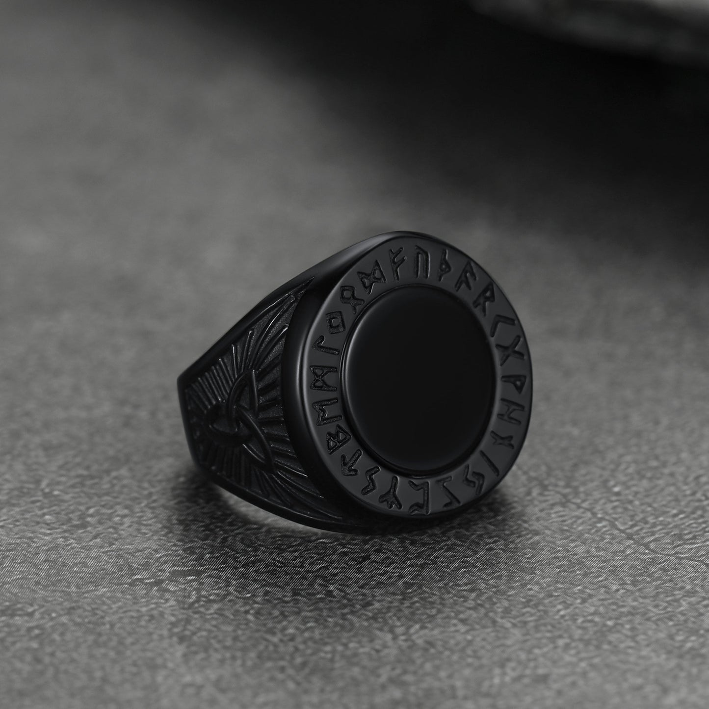 Black Onyx Signet Ring with Viking Runes for Men