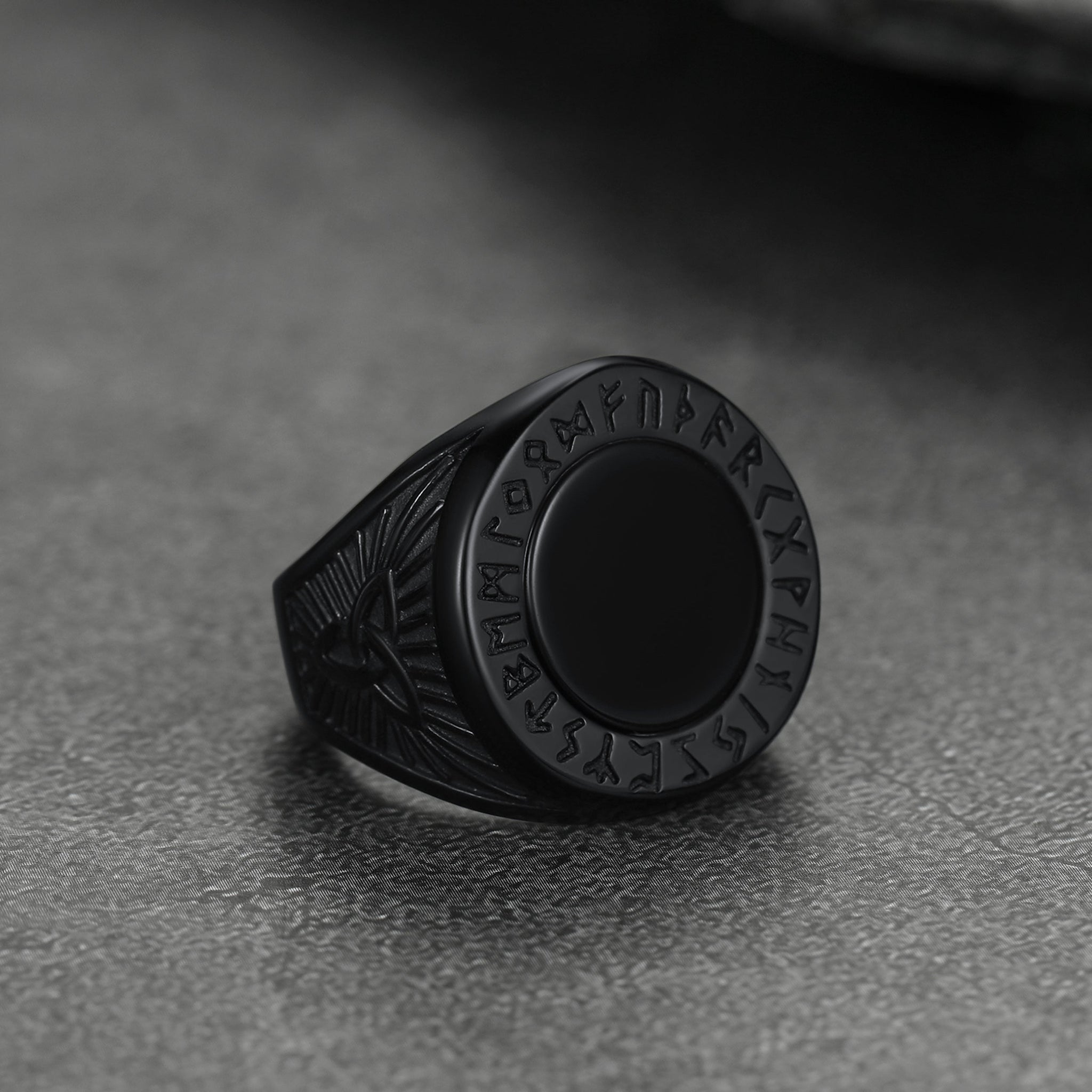 Black Onyx Signet Ring with Viking Runes for Men