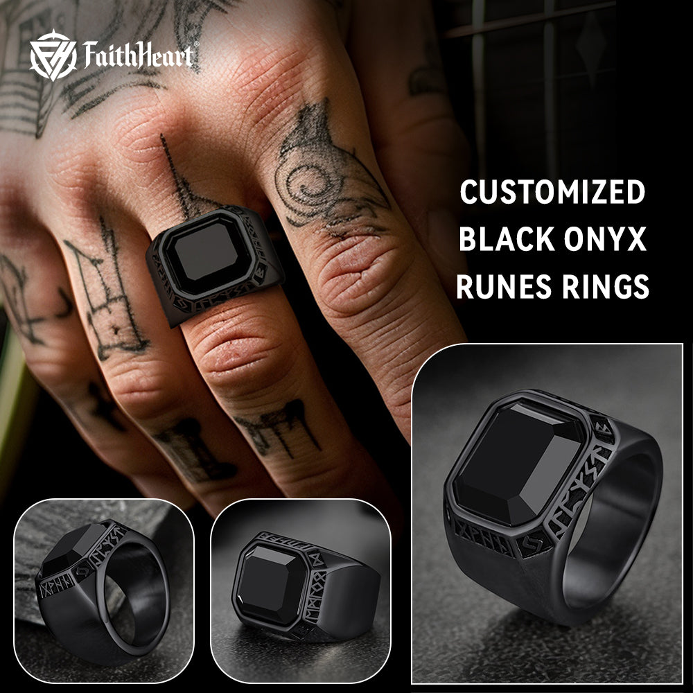 Customized Black Onyx Ring with Viking Runes for Men