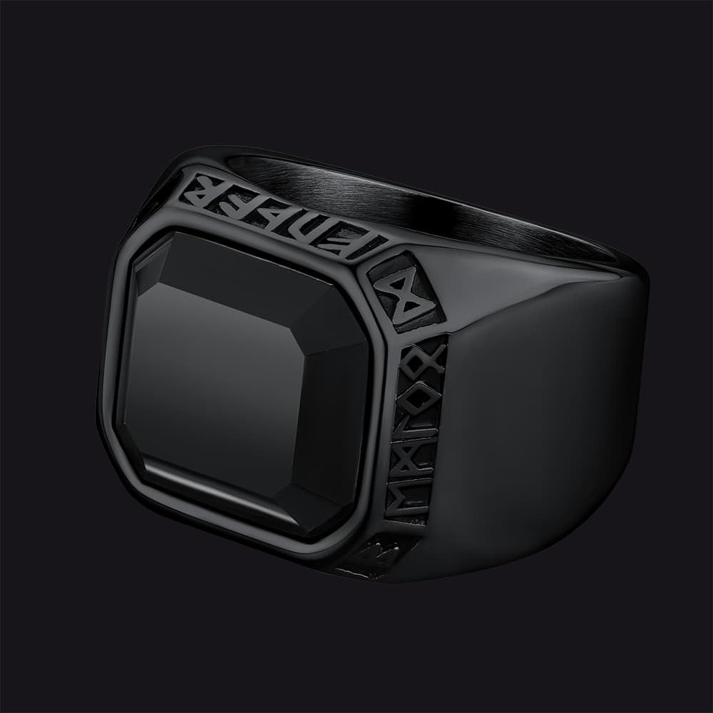 Customized Black Onyx Ring with Viking Runes for Men