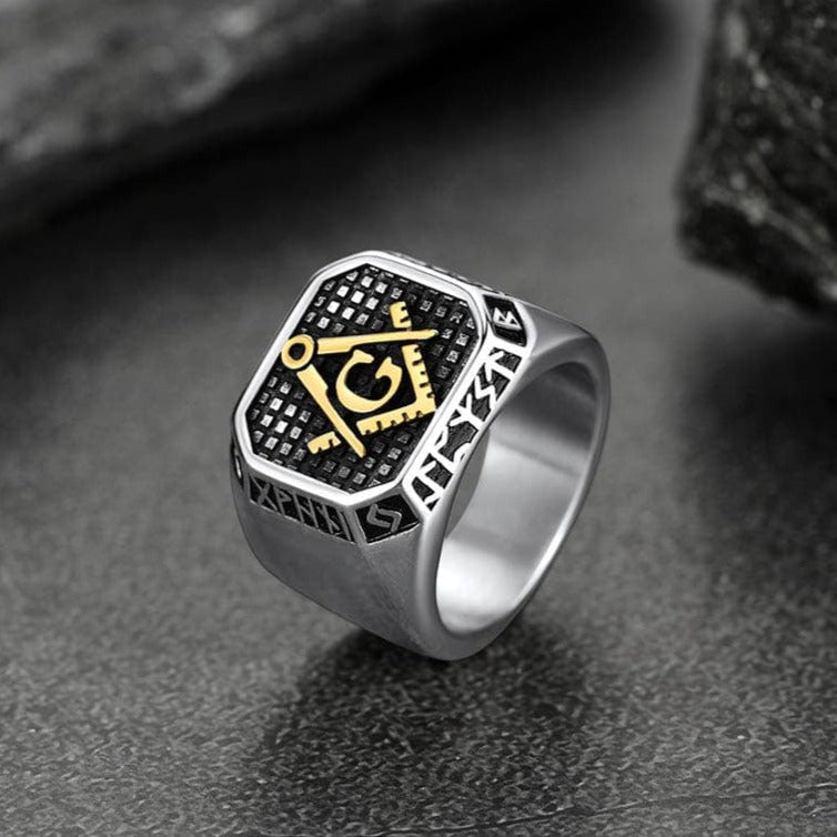 Square Masonic Signet Ring with Runes for Men