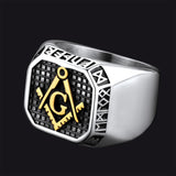 Square Masonic Signet Ring with Runes for Men