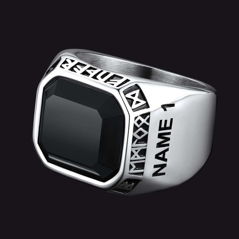 Customized Black Onyx Ring with Viking Runes for Men