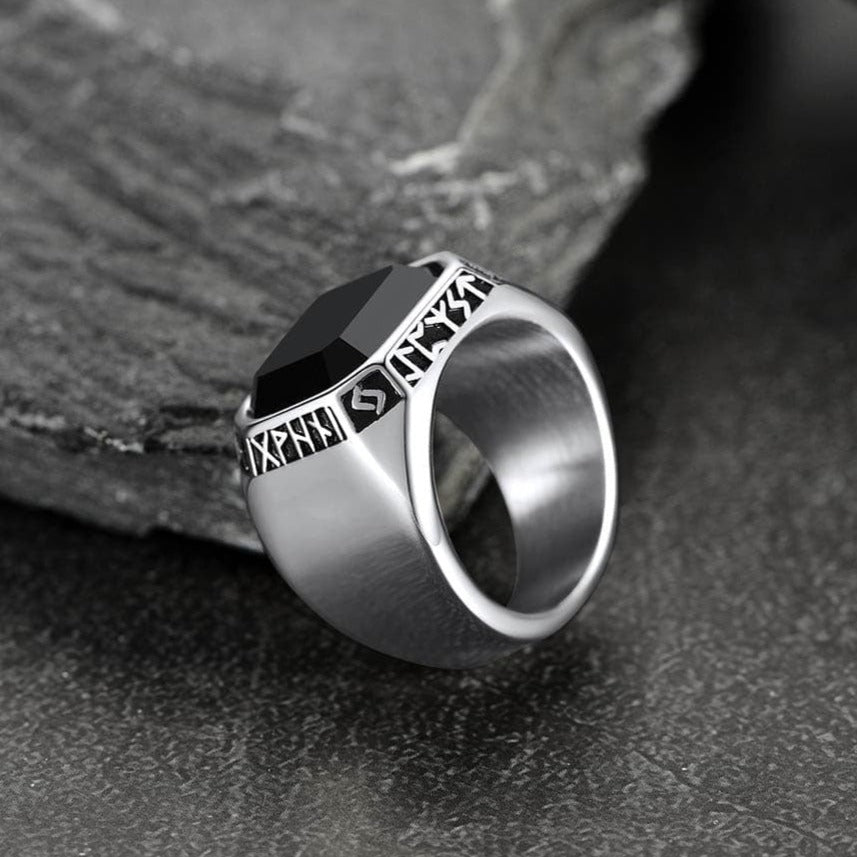 Customized Black Onyx Ring with Viking Runes for Men