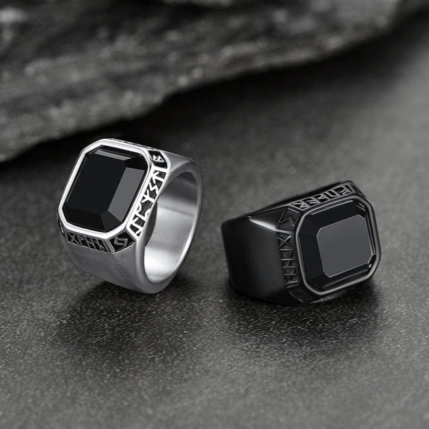 Customized Black Onyx Ring with Viking Runes for Men