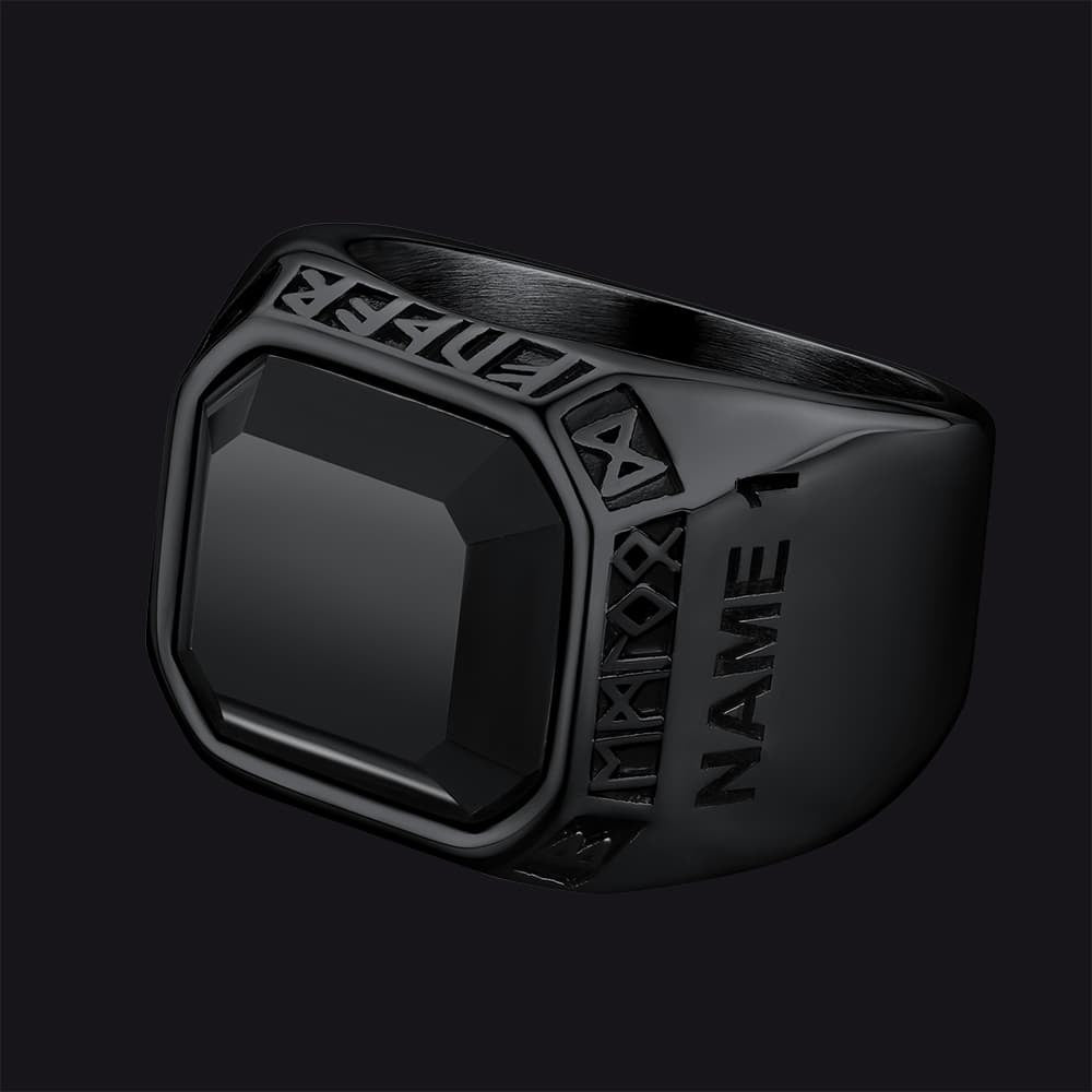 Customized Black Onyx Ring with Viking Runes for Men