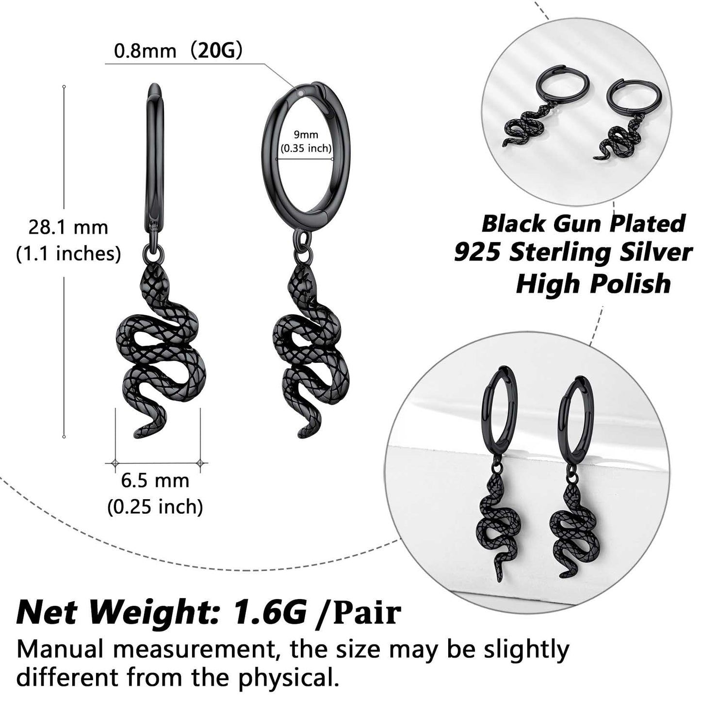 Sterling Silver Snake Dangle Hoop Earrings for Men Women