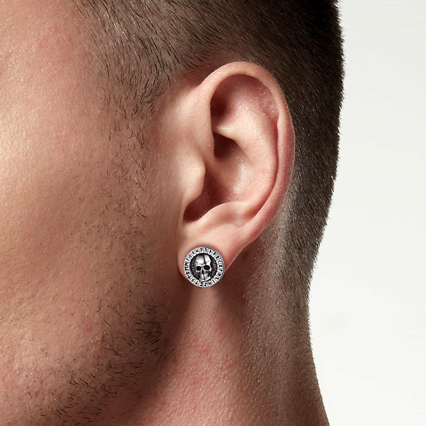 Sterling Silver Runes Skull Earrings Studs For Men