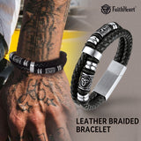 Engraved Viking Leather Braided Wristband Bracelet Gift for Men/Grandson