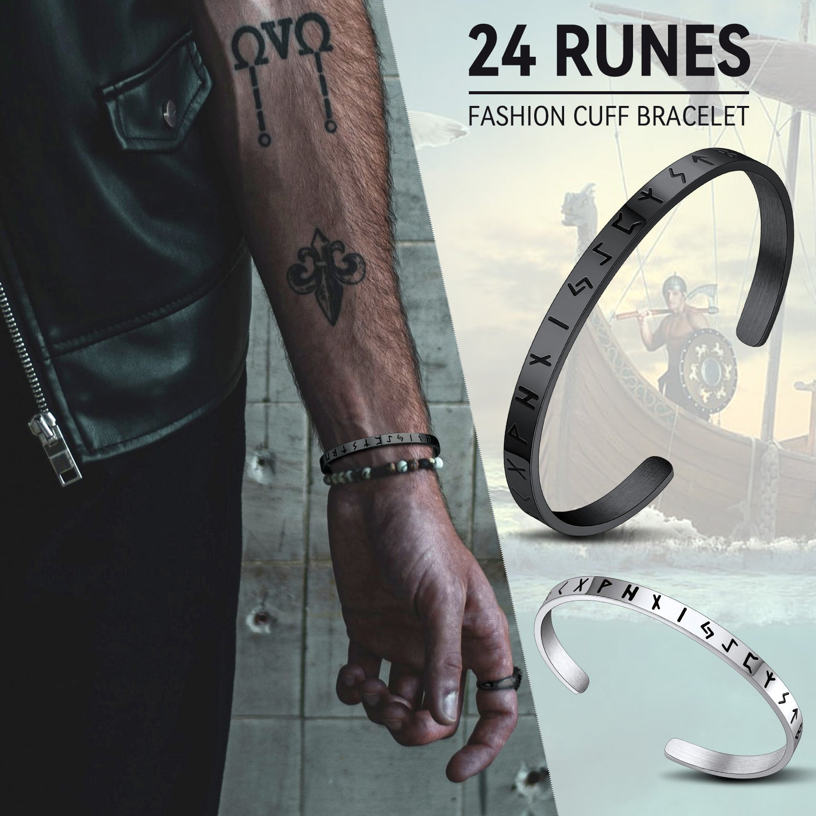 Norse Viking Runes Bangle Cuff Bracelet For Men