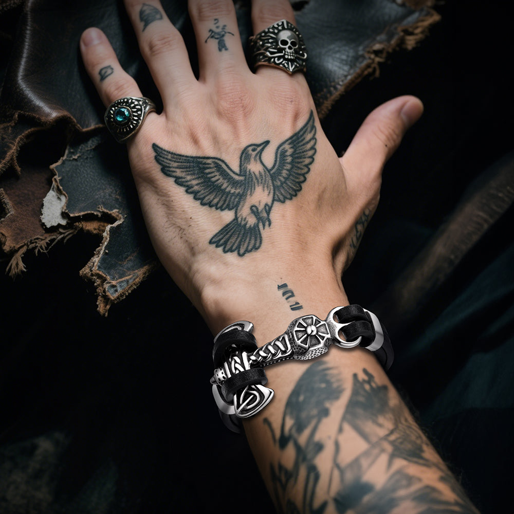 Viking Mjolnir Thor's Hammer Leather Bracelet for Men