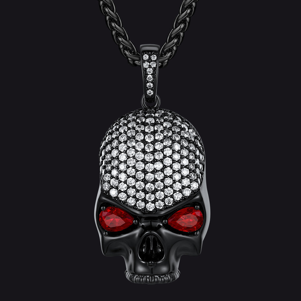 Halloween Gothic Skull Diamond Necklace With Red Eye For Men