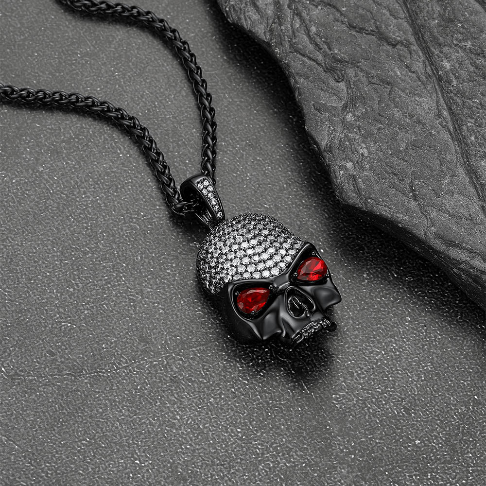 Halloween Gothic Skull Diamond Necklace With Red Eye For Men