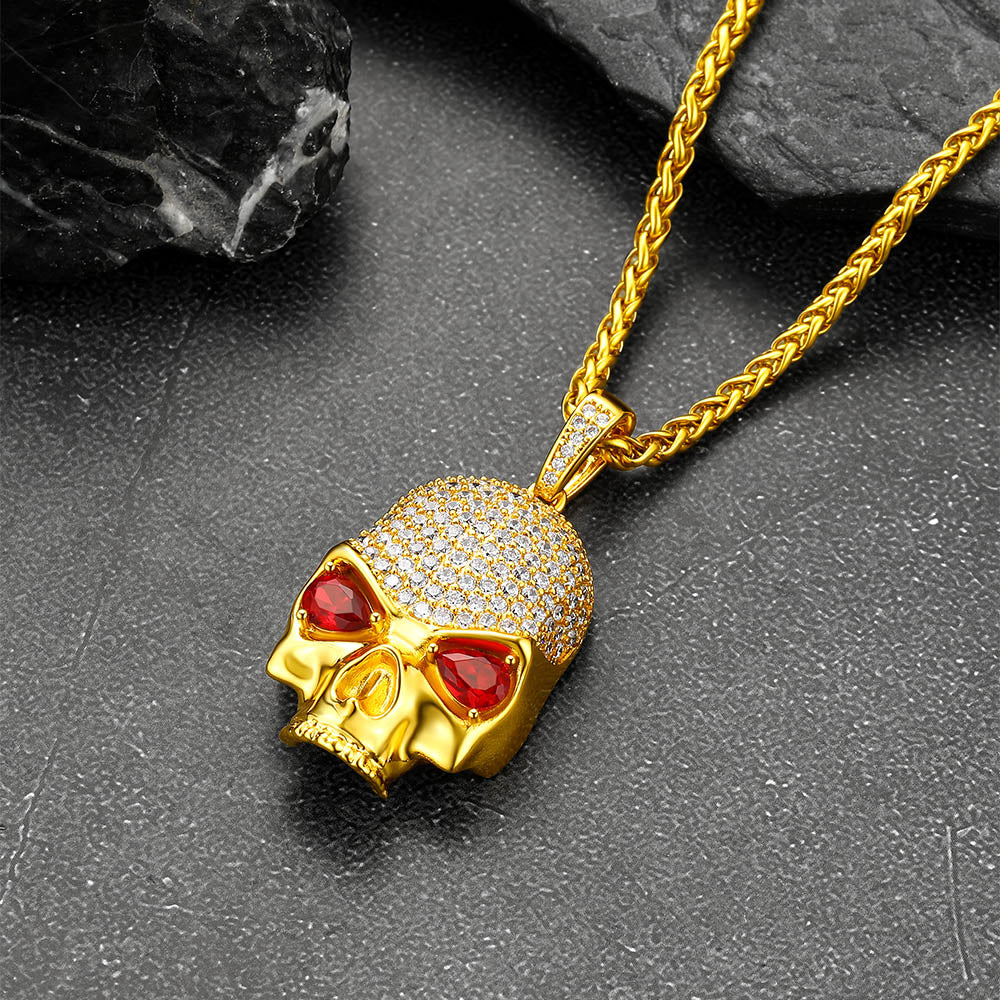 Halloween Gothic Skull Diamond Necklace With Red Eye For Men