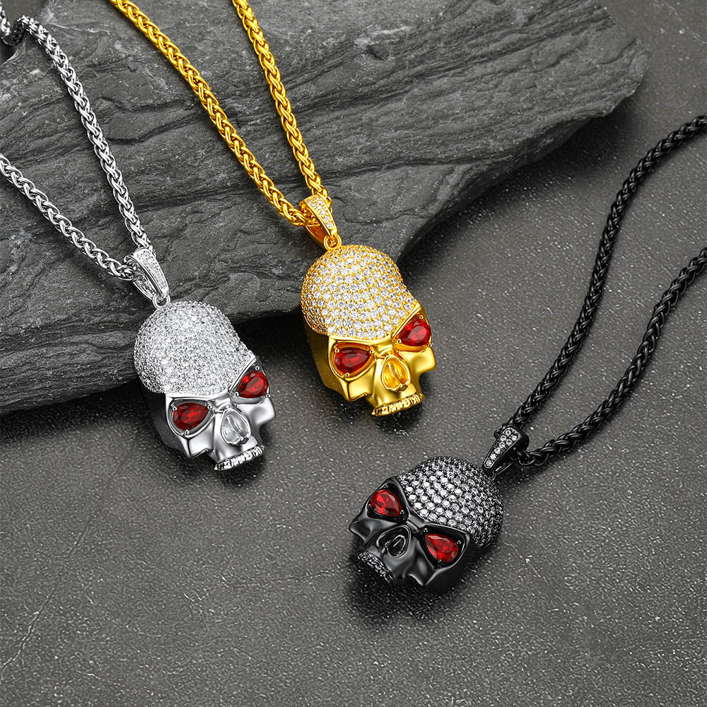 Halloween Gothic Skull Diamond Necklace With Red Eye For Men