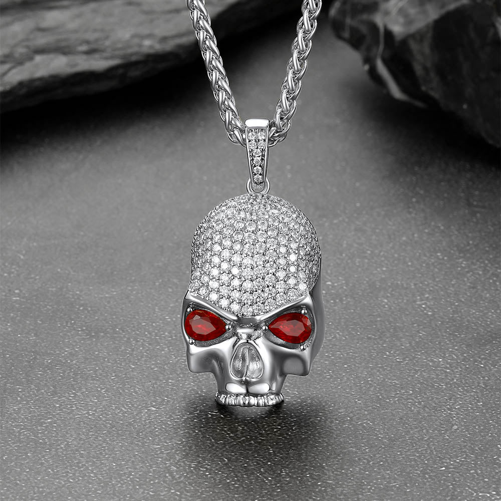 Halloween Gothic Skull Diamond Necklace With Red Eye For Men