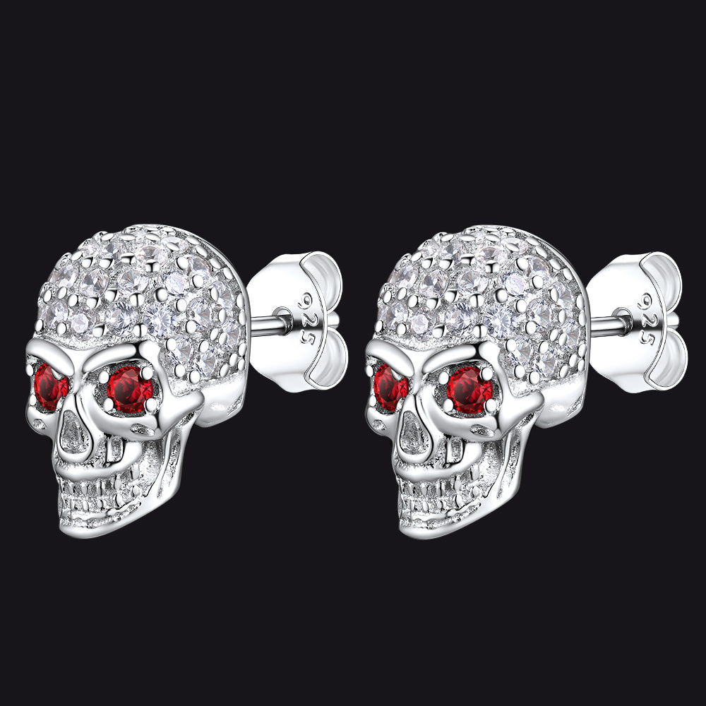 Sterling Silver Gothic Skull Diamond Stud Earrings For Men