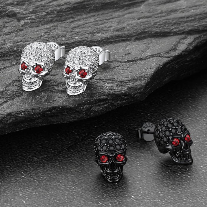 Sterling Silver Gothic Skull Diamond Stud Earrings For Men