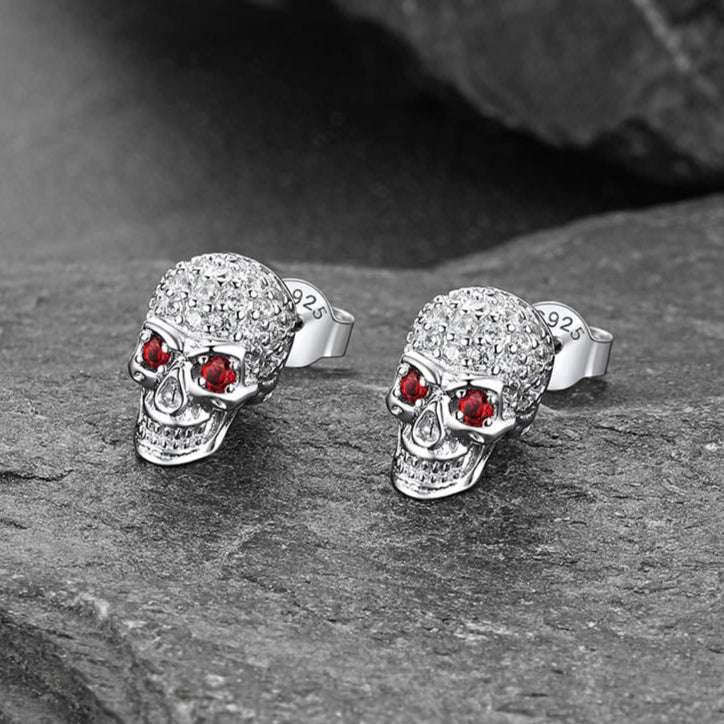 Sterling Silver Gothic Skull Diamond Stud Earrings For Men