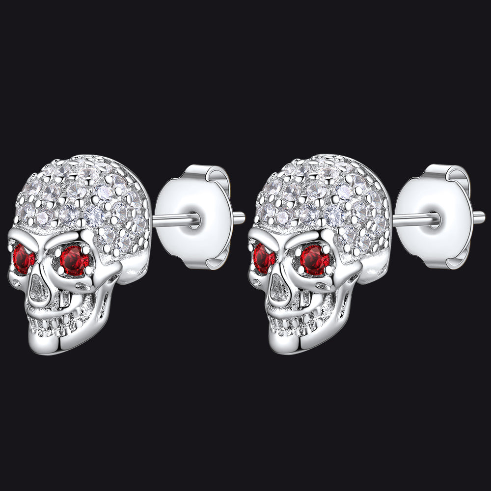 Gothic CZ Red Eye Stud Skull Earrings For Men
