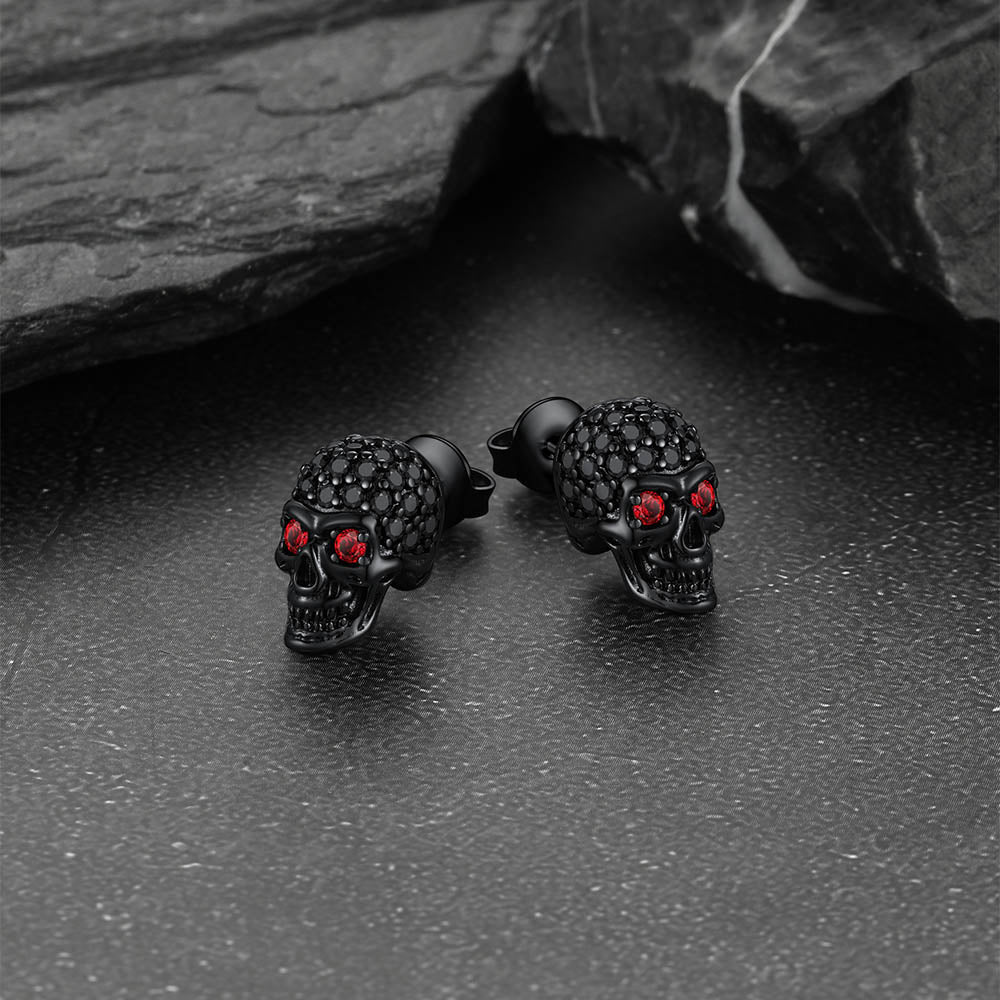 Gothic CZ Red Eye Stud Skull Earrings For Men