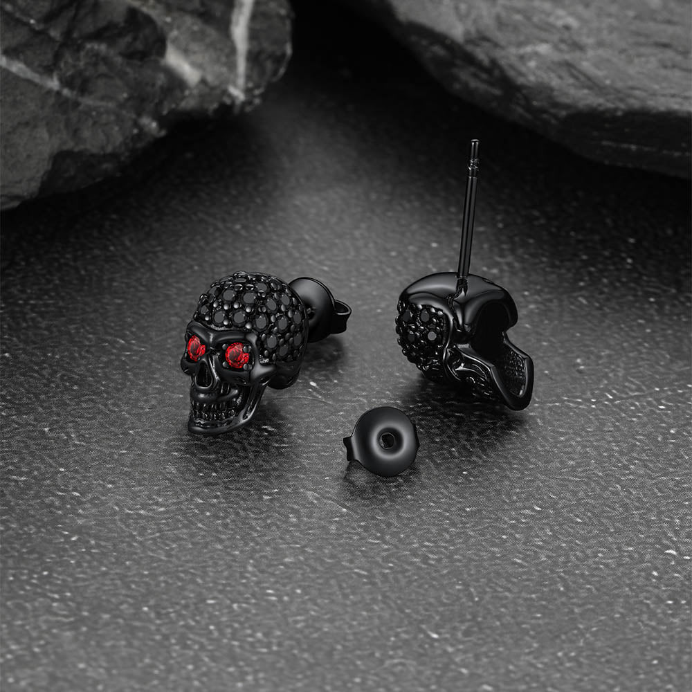 Gothic CZ Red Eye Stud Skull Earrings For Men