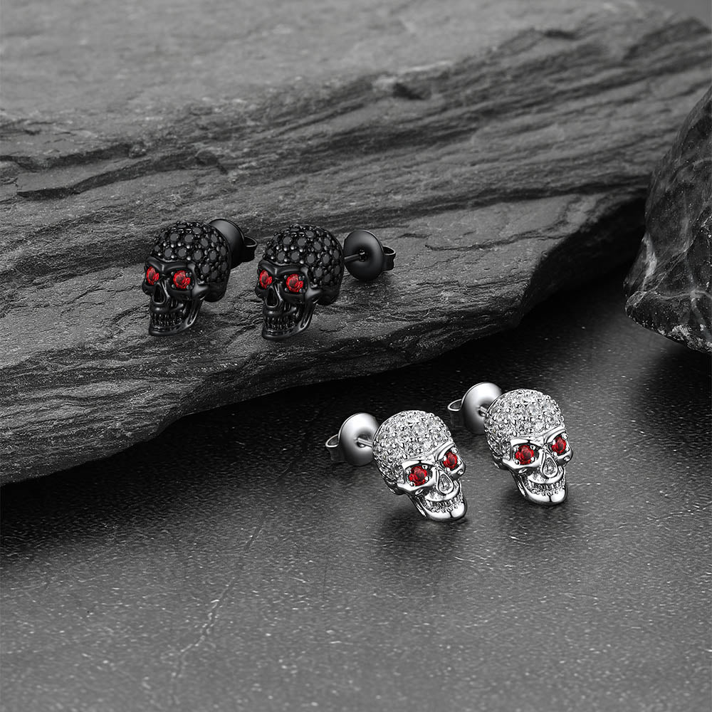 Gothic CZ Red Eye Stud Skull Earrings For Men