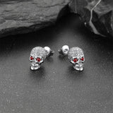 Gothic CZ Red Eye Stud Skull Earrings For Men