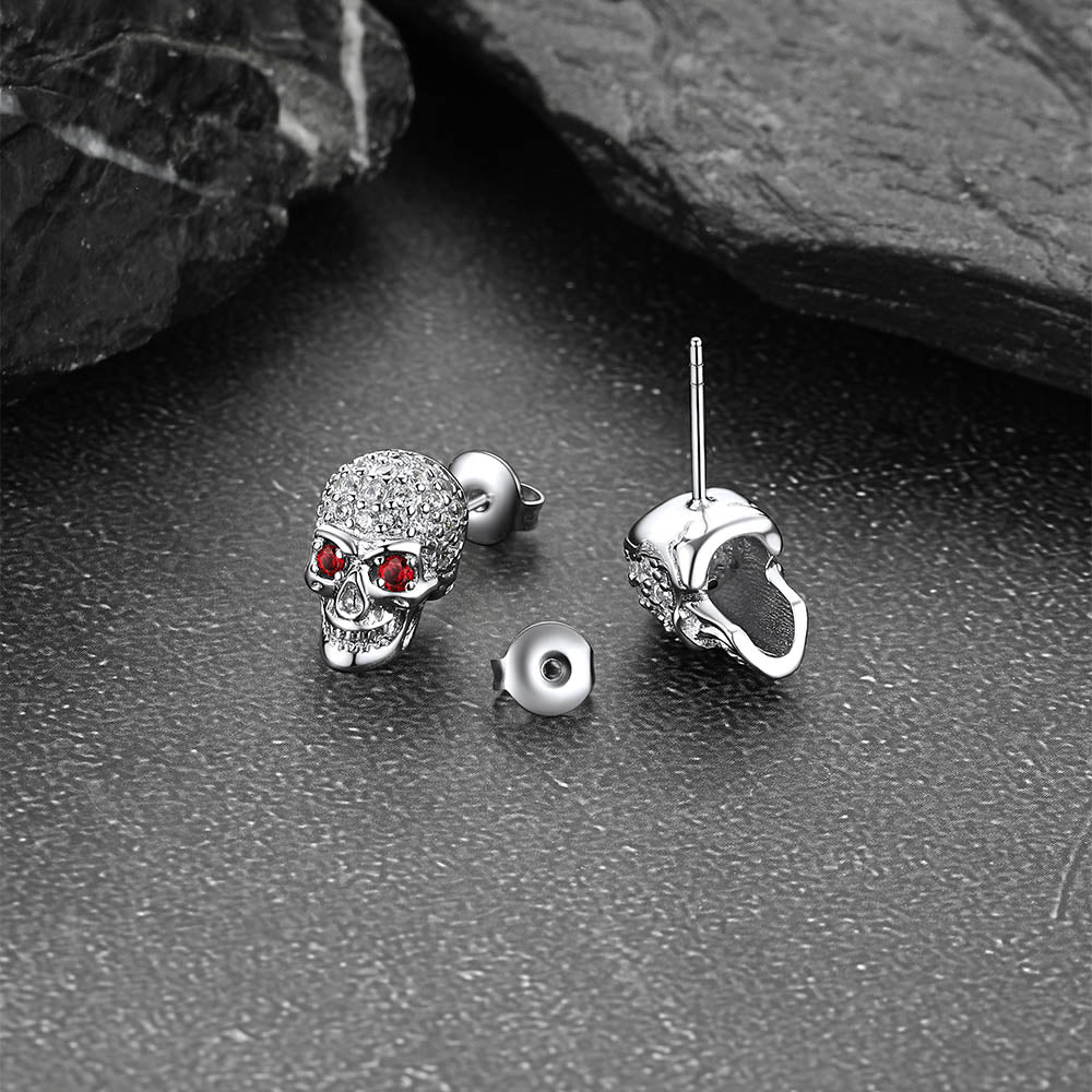 Gothic CZ Red Eye Stud Skull Earrings For Men