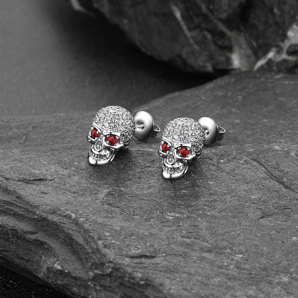 Gothic CZ Red Eye Stud Skull Earrings For Men