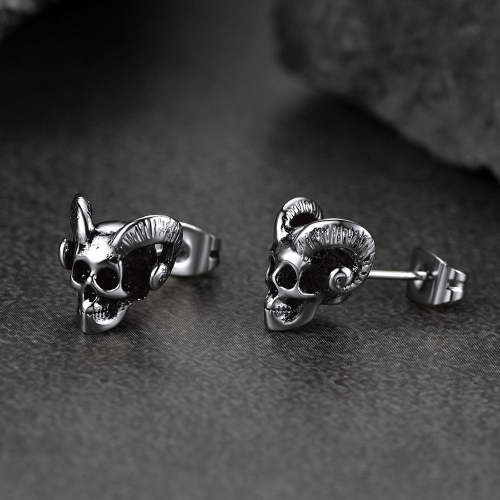 Satanic Baphomet Goat Skull Head Stud Earrings For Men