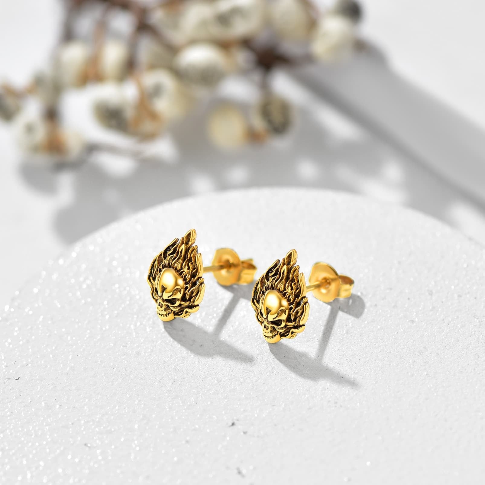 Flame Skull Stud Earrings For Men