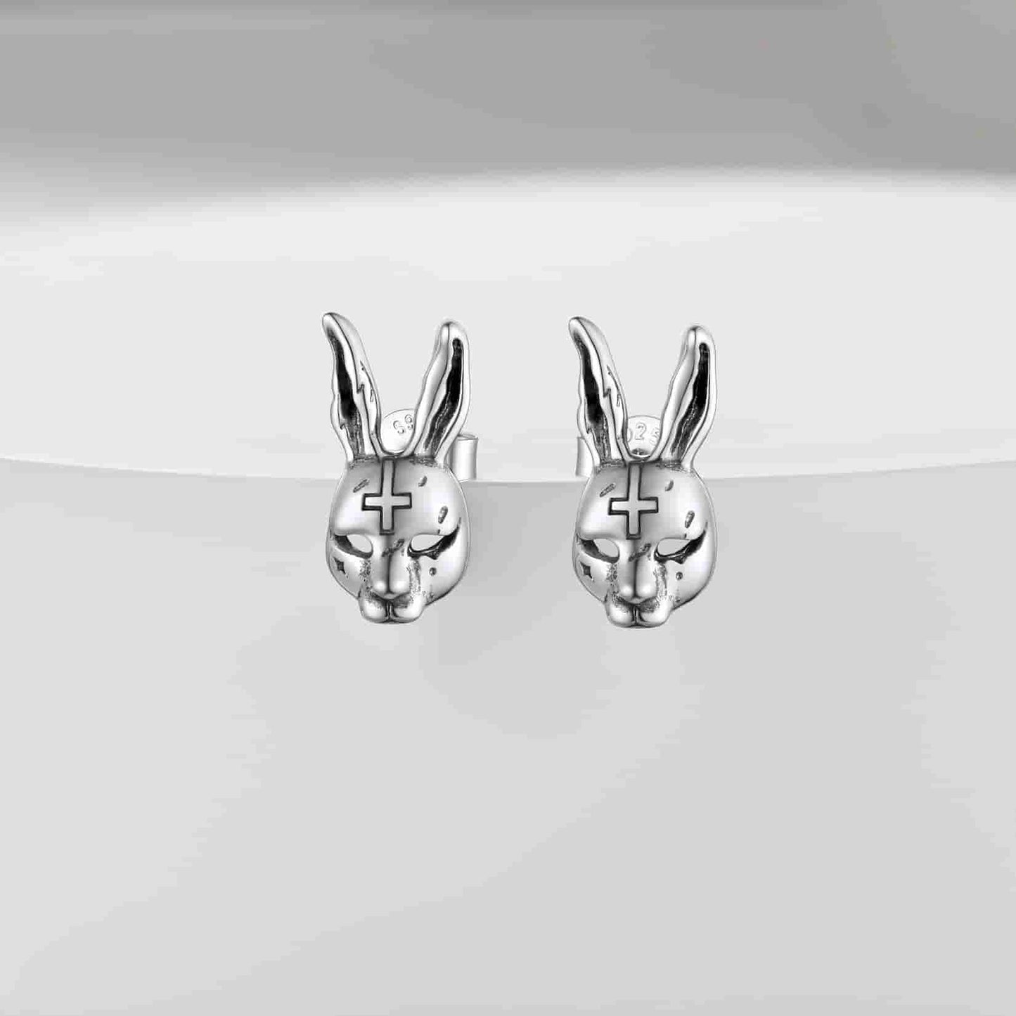 Halloween Silver Evil Bunny Stud Earrings For Men