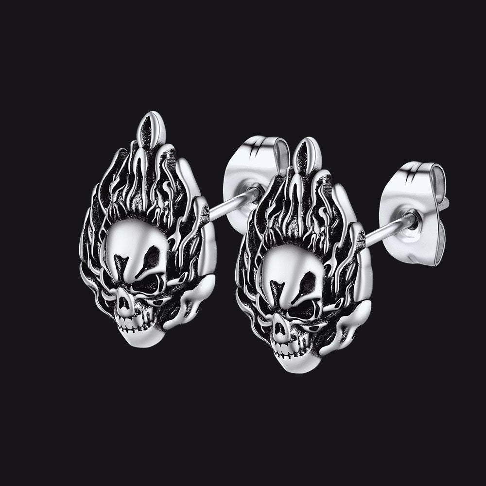Flame Skull Stud Earrings For Men