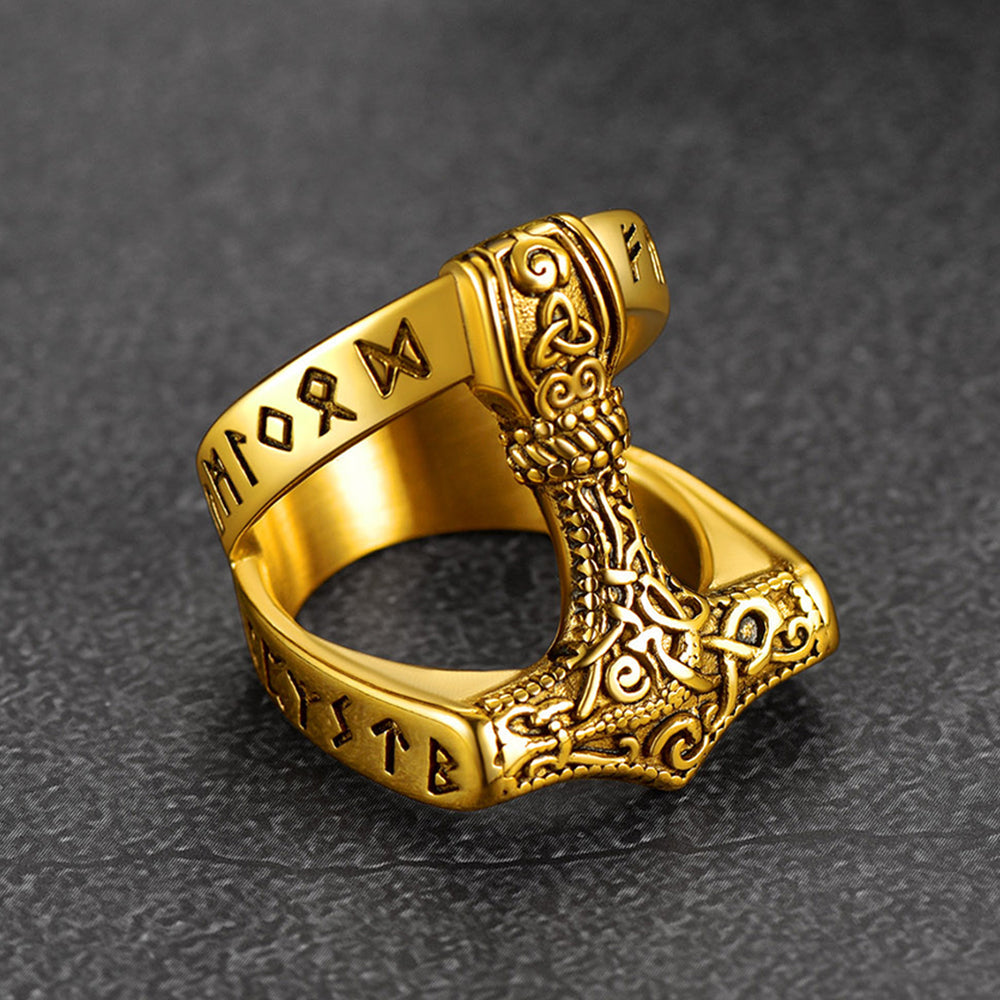 Viking Mjolnir Thor's Hammer Ring with Rune for Men