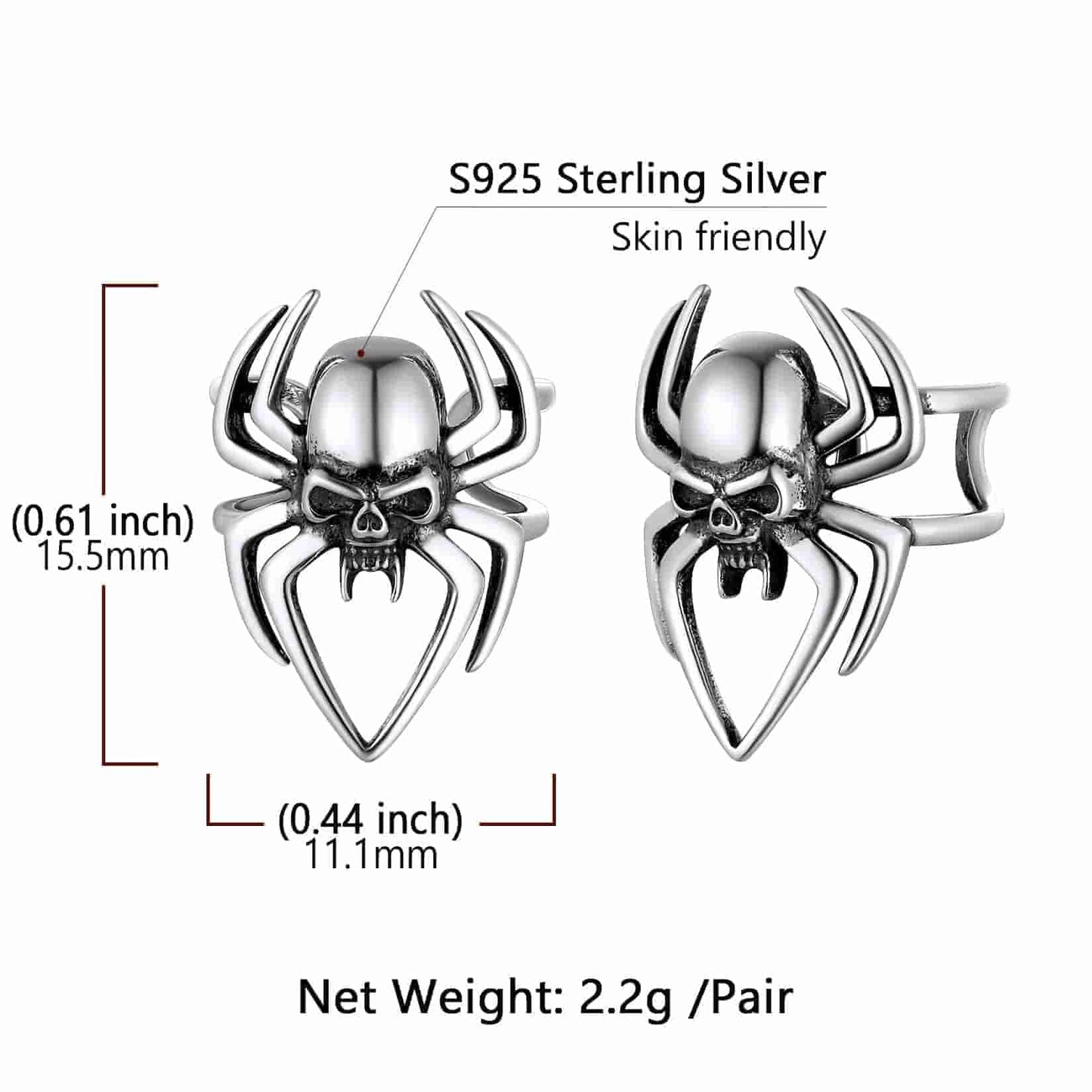 Sterling Silver Spider Skull Ear Cuff Earrings Halloween Gift
