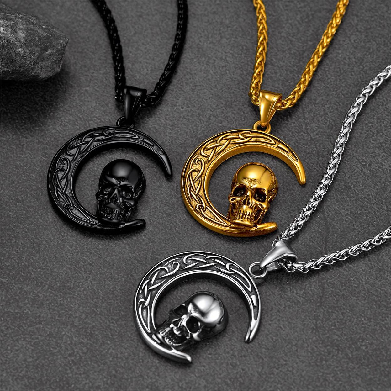 Flash Sale Celtic Crescent Moon Skull Necklace For Men