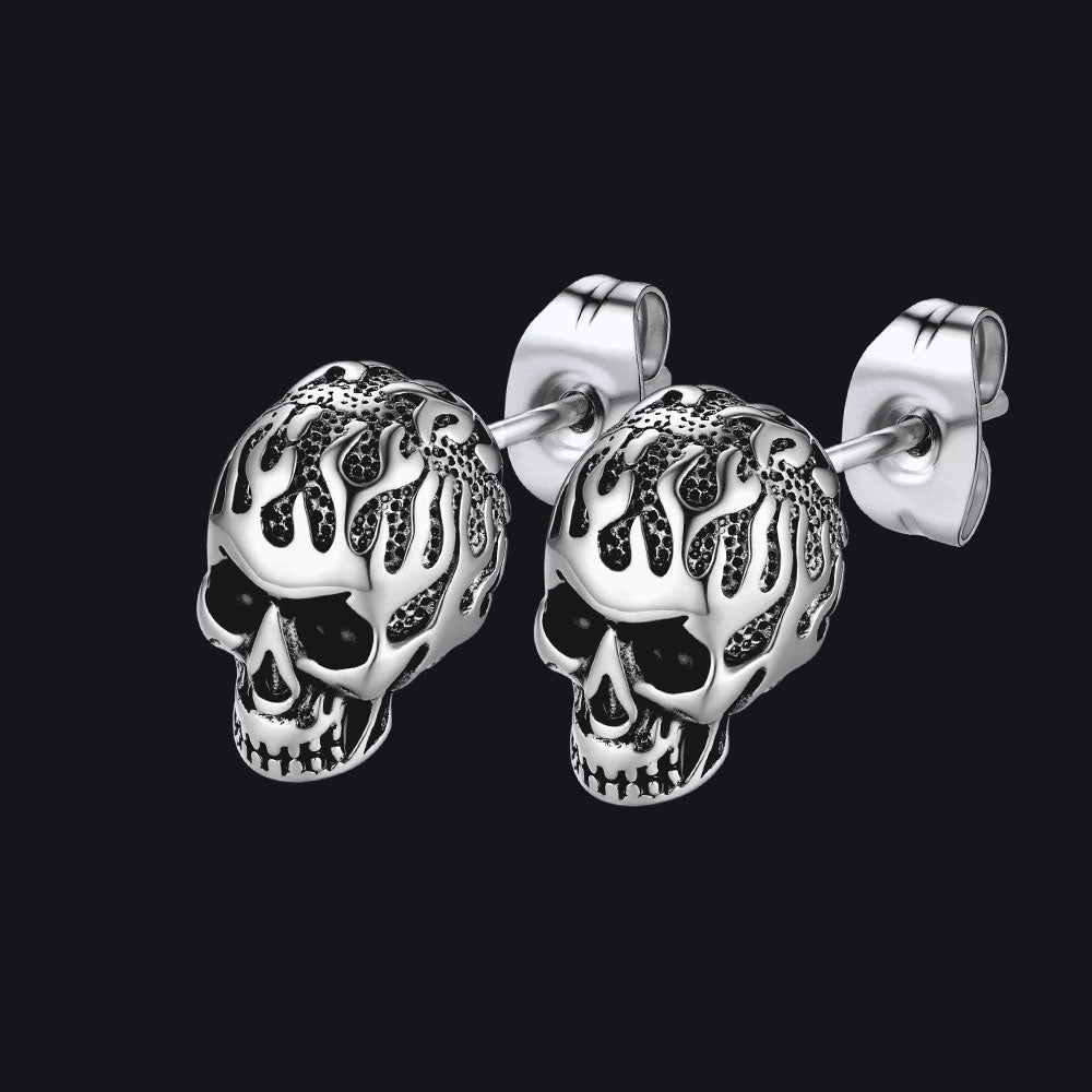 Gothic Flaming Skull Stud Earrings For Men