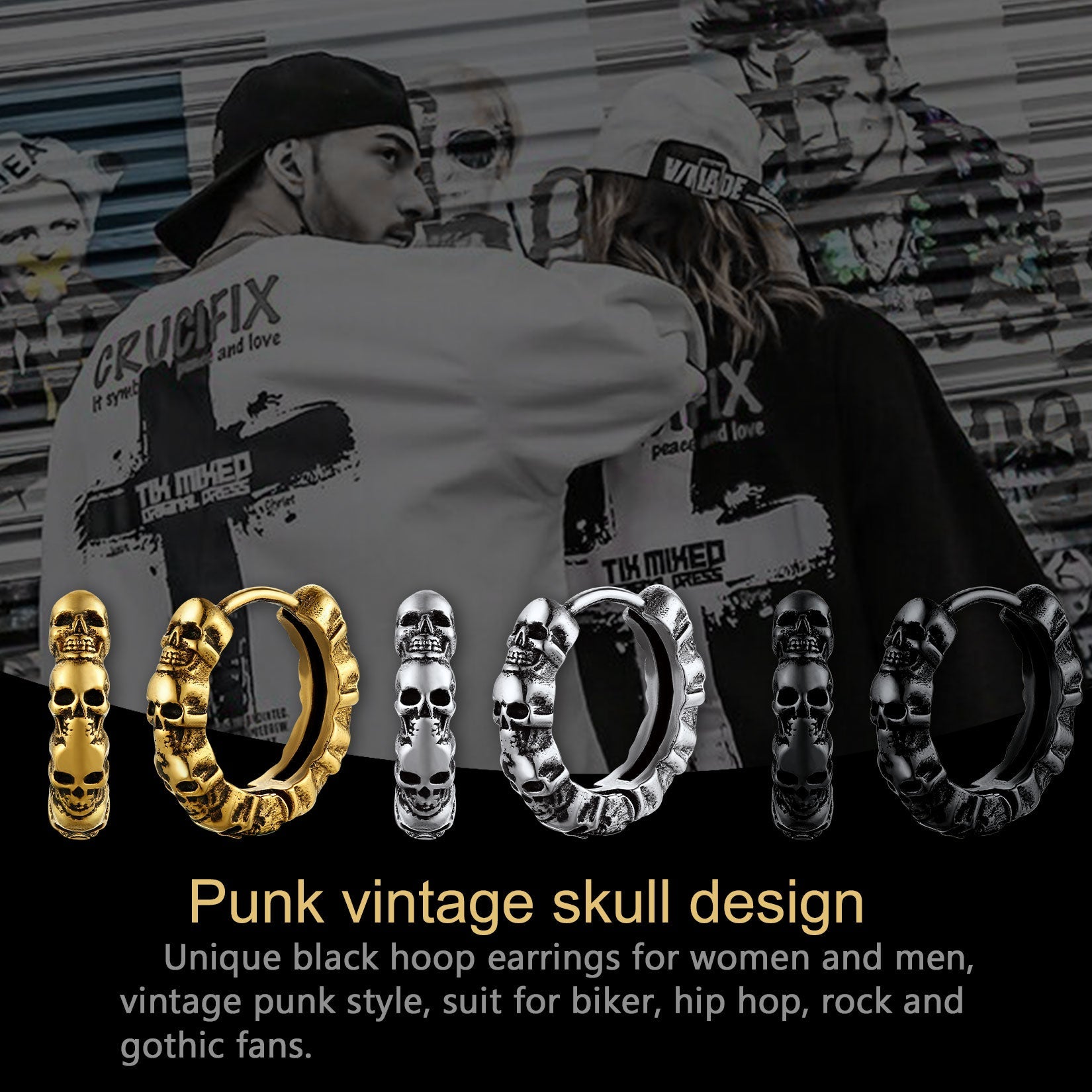 Gothic Skull Huggie Hoop Earrings For Men Women