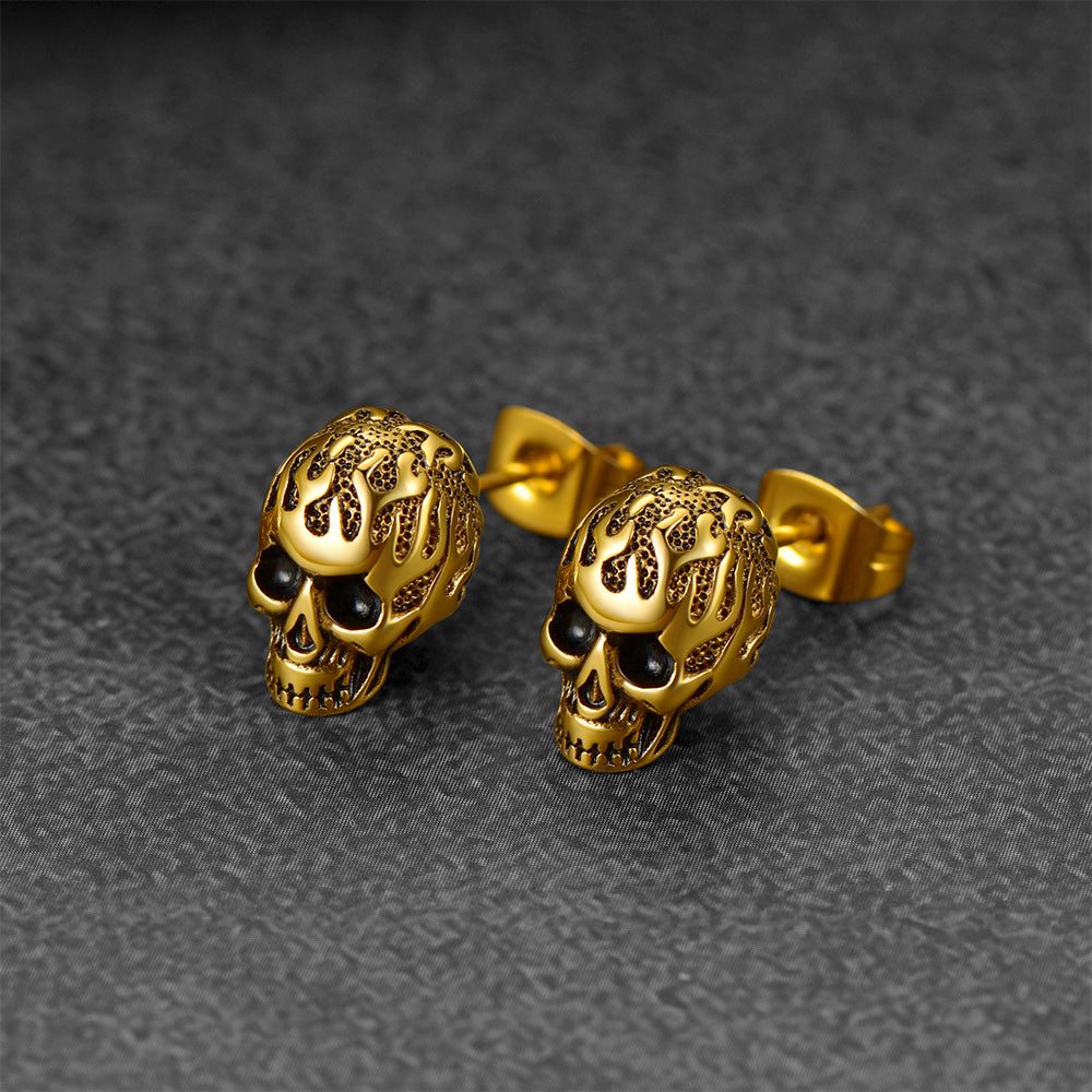 Gothic Flaming Skull Stud Earrings For Men