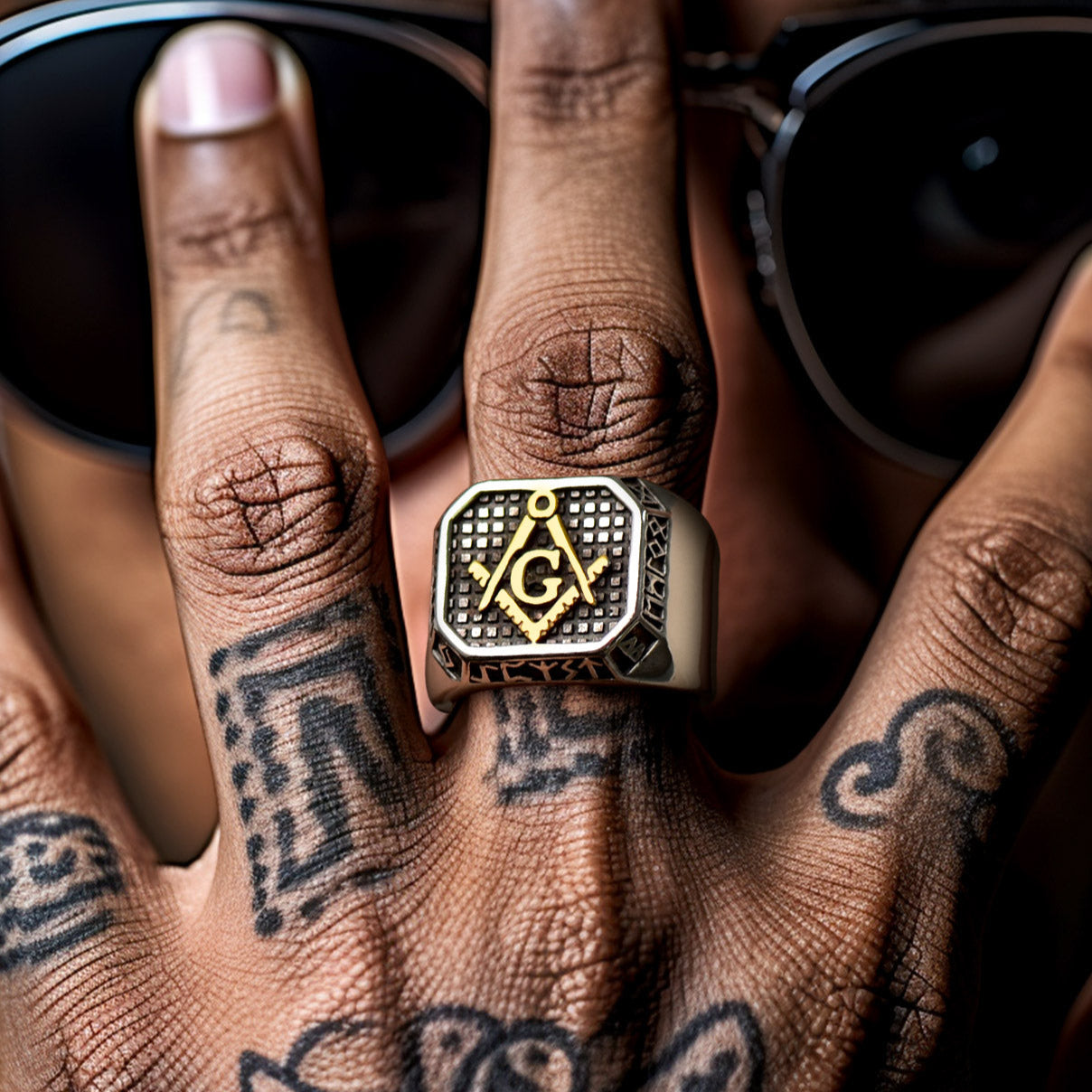 Square Masonic Signet Ring with Runes for Men