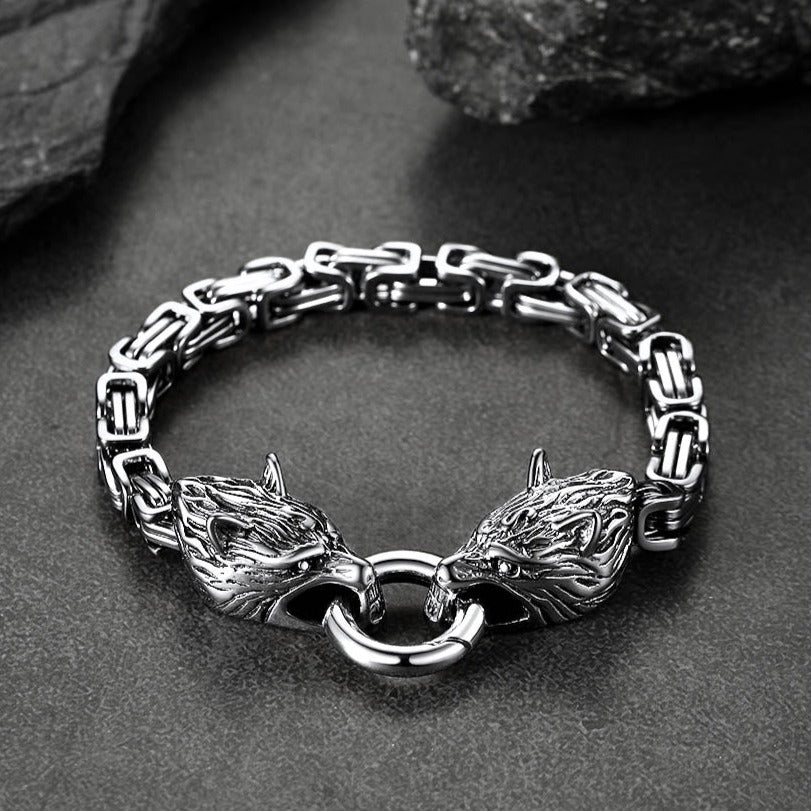 Viking Wolf Head Chain Bracelet Cuff Bangle Gift for Men